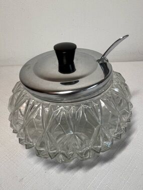 Vintage Cut Glass Sugar Bowl with Chrome Lid and Spoon
